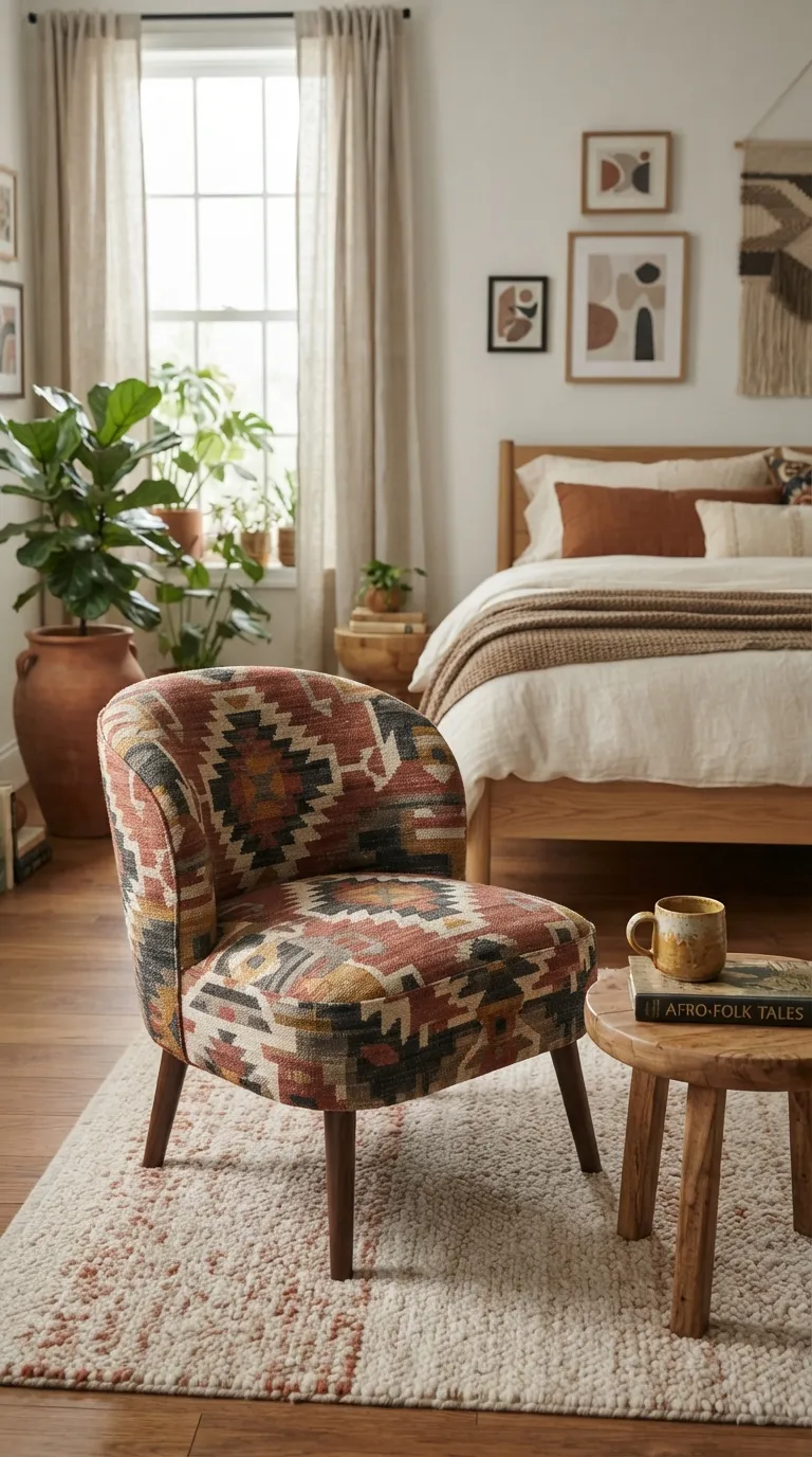 Afrohemian Bedroom Ideas Bring in a Patterned Accent Chair