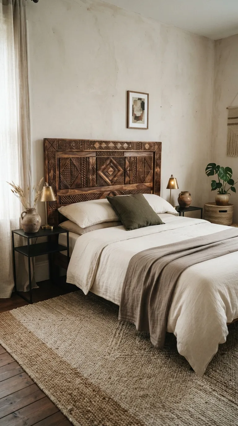 Afrohemian Bedroom Ideas Choose a Carved Wooden Headboard
