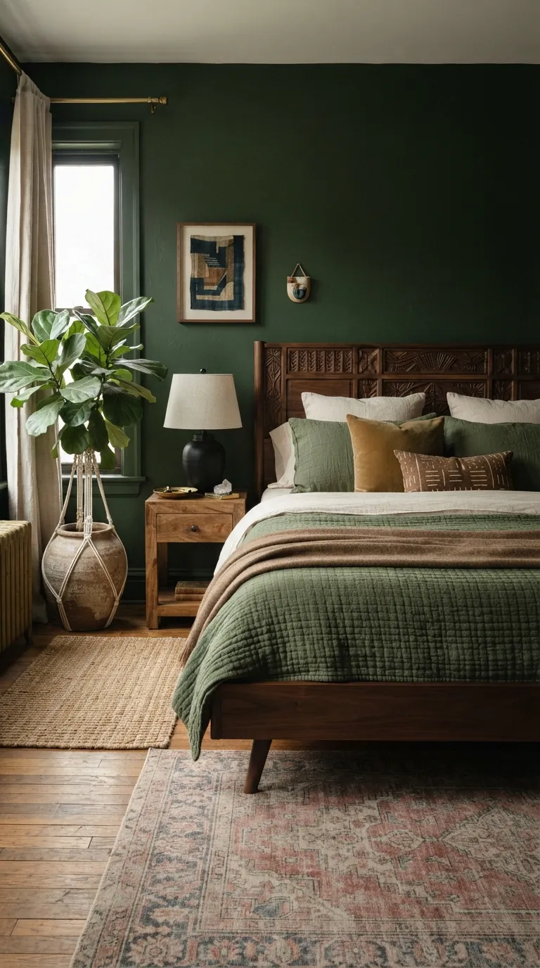 Afrohemian Bedroom Ideas Create a Moody Bedroom With Deep Green