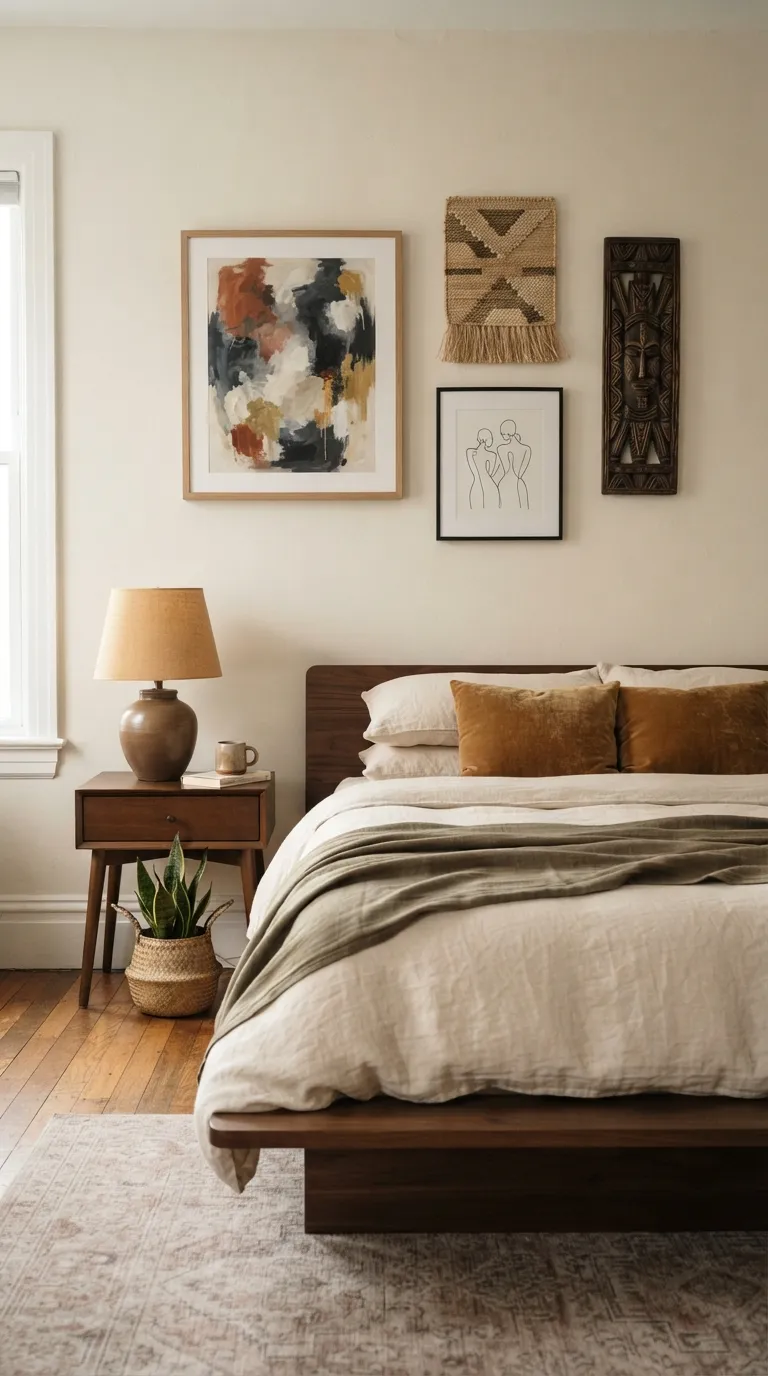 Afrohemian Bedroom Ideas Create a Relaxed Gallery Wall With Mixed Materials