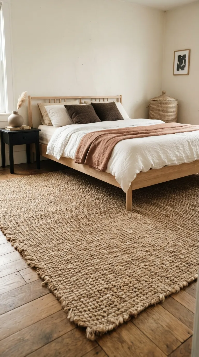 Afrohemian Bedroom Ideas Use a Textured Jute Rug