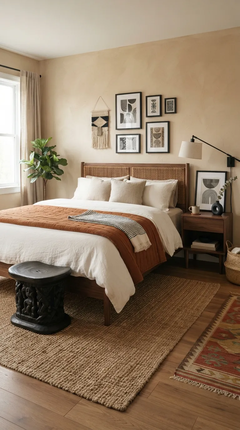 Afrohemian Bedroom Ideas Use Black Accents for Contrast